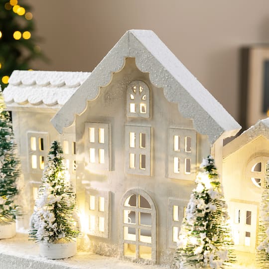 Glitzhome® Lighted Wooden Snowy Village Christmas Table Décor